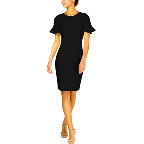 Calvin Klein Dresses & Skirts - Calvin Klein Black Short Bell Ruffles Sleeves Midi Dress Gold Zip In Back